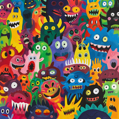 Fototapeta premium A vibrant and whimsical crowd of colorful, cartoonish monsters, each with unique shapes, expressions, and personalities, creating a lively and playful scene