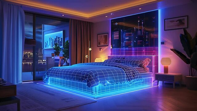 The inside of a bedroom with an AR projection of a bed frame mattress and bedding changing in realtime based on the homeowners preferences.