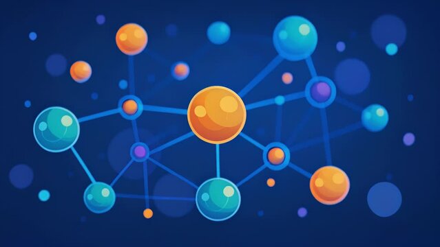 A network of interconnected bubbles with glowing edges showcasing the interconnectedness and data processing capabilities of quantum computing.. 2d flat cartoon