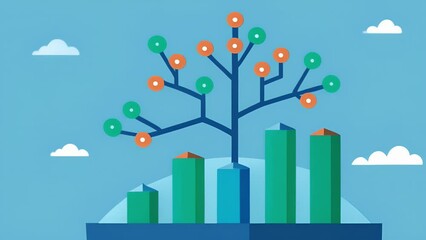 At the top of the tree the newest branches sprouted showcasing the latest developments in data gathering and analysis.. 2d flat cartoon