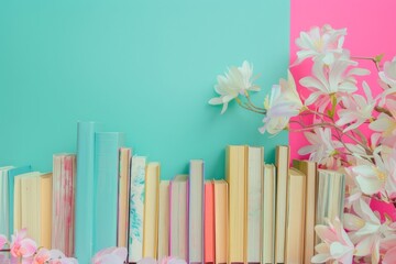 A vibrant display of assorted books laid out with flowers, exuding a cheerful and educational theme