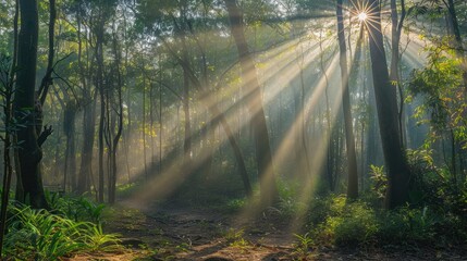 Spectacular sun rays shining through woods and tree in the dense forest. Green and lust forest on a beautiful summer day