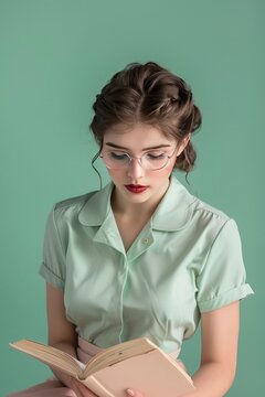 An intellectually engaged woman in vintage-inspired fashion is reading a book, featuring retro eyewear