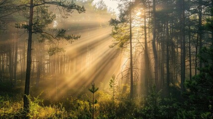 Obraz premium Spectacular sun rays shining through woods and tree in the dense forest. Green and lust forest on a beautiful summer day