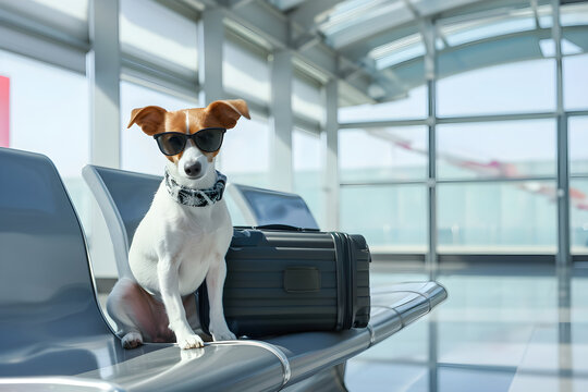 Jack Russell Terrier sits on suitcase in waiting room at airport. Traveling with pet on holiday. Dog in terminal waiting for plane to take off. Vacation with companion. Banner design for travel agency