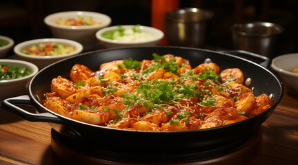 Fototapeta premium Tteokbokki or Hot and Spicy Rice Cake Korean food in hot bowl on the table in korea restaurant background