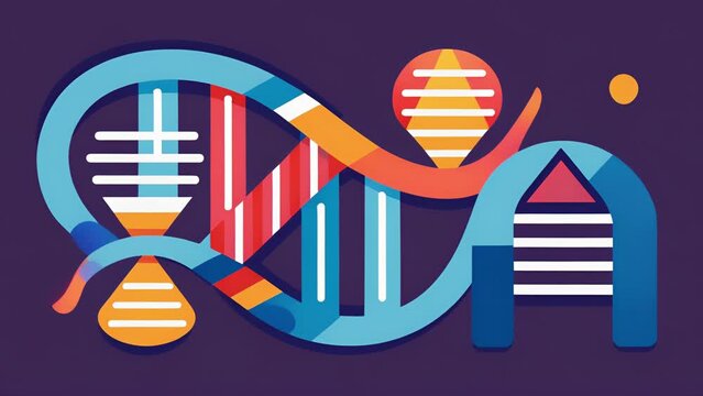 An artistic representation of the genome sequence with each letter of the genetic code transformed into a unique and intricate design element.. 2d flat cartoon