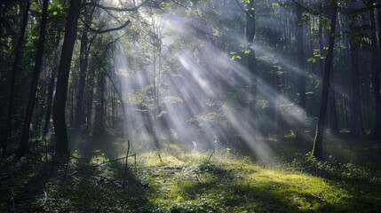 Obraz premium Spectacular sun rays shining through woods and tree in the dense forest. Green and lust forest on a beautiful summer day