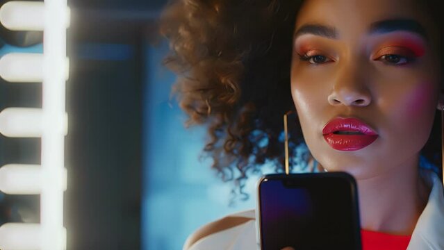 A woman looking at her phone screen in front of a mirror using an AIpowered app to virtually try on different shades of lipstick.