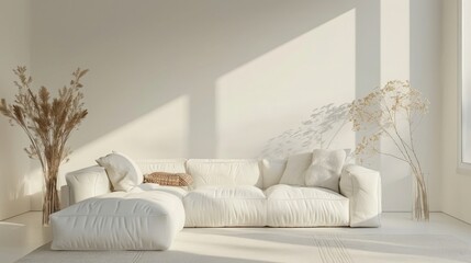 Modern interior design with white sofa and dry plants decoration 3D Rendering, 3D Illustration