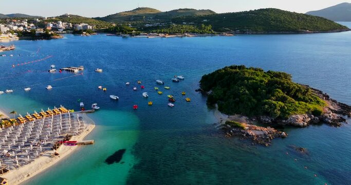 Aerial video of Ksamili Islands with its white sand shores and clear blue waters in Southern Albania