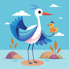 Stork bird with baby cartoon