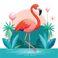 a pink flamingo is standing in the water with bamboo in the background.