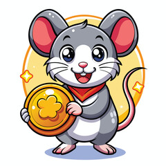 a cartoon of a mouse holding a gold ring with a yellow flower in it.