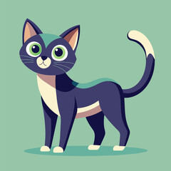 a green background with a black and white cat with green eyes.