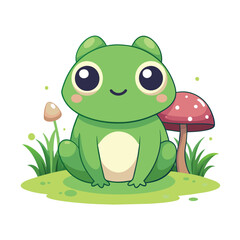frog cartoon sits under mushroom
