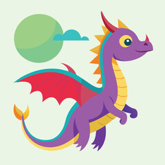 a purple Dinosaur with a green background and a blue sky with clouds.