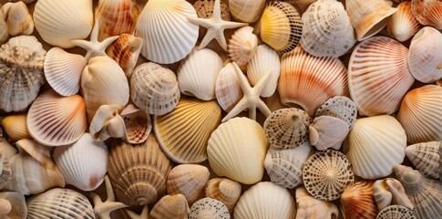 shell textured background with a variety of seashells arranged in a row, including a variety of shapes and sizes, including a large shell, a small shell, a cluster of shells,