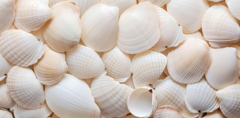 shell textured background with a row of shells arranged in a row from left to right, including a large shell, a small shell, and a cluster of shells arranged in a row from left
