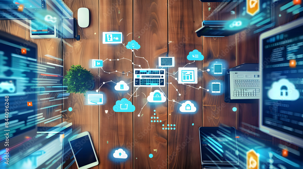 Poster the latest document management technologies in action, featuring smart devices, cloud-based collabor