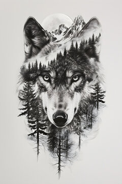 Portrait of wolf isolated on white background. Double exposure of wolf's head silhouette and mountain landscape with coniferous forest. Black and white wildlife graphic. Monochrome poster, print, card