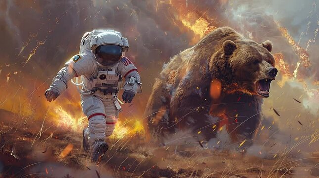 Intense Encounter: Massive Bear Charging Towards Fleeing Astronaut
 Seamless looping 4k time-lapse virtual video animation background. Generated AI