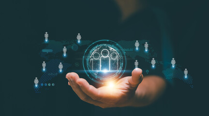 Customer relationship management concepts, Businessman holding human resources icon in global network structure, Global structure customer network technology, Customer service, Online marketing.