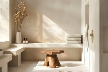 Japandi Bathroom With Wooden Stool