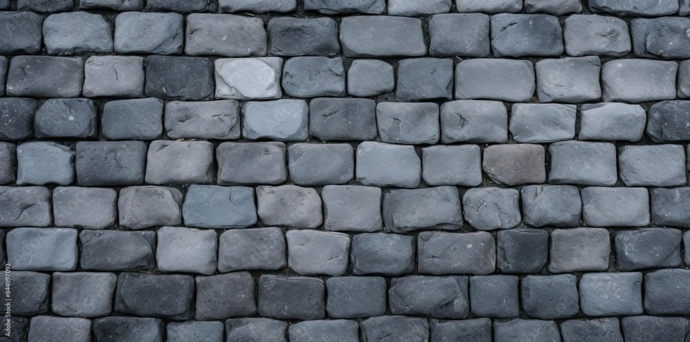Poster permeable paving texture with gray stones on the ground, featuring a row of bricks on the left, a ro