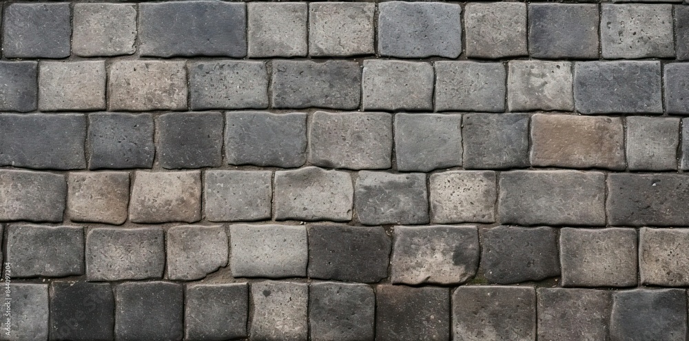 Poster pavement texture seamless pattern of gray bricks and square stones, with a gray wall in the backgrou