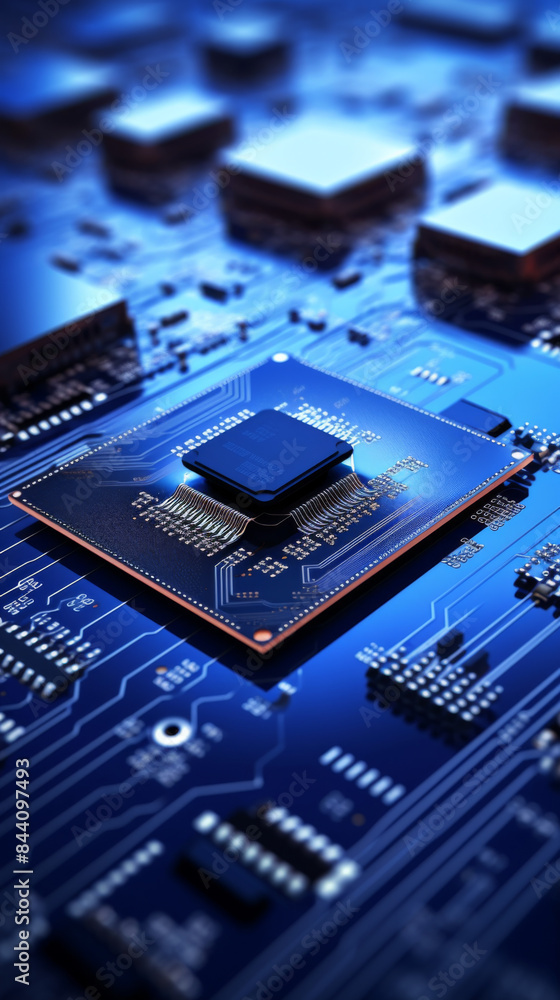 Aufkleber a close up of a computer chip with a blue background