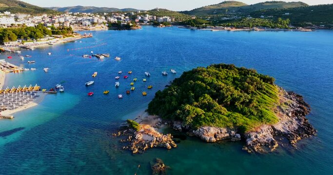 Aerial video of Ksamili Islands with its white sand shores and clear blue waters in Southern Albania