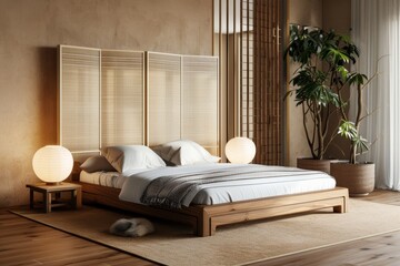 Japandi Bedroom With Wooden Screen
