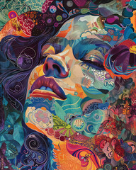 psychedelic portrait with colorful patterns and surreal elements