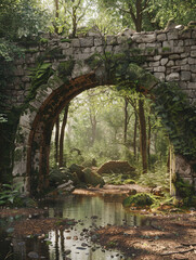 Naklejka premium a stone archway with water entering the woods, AI Generative.
