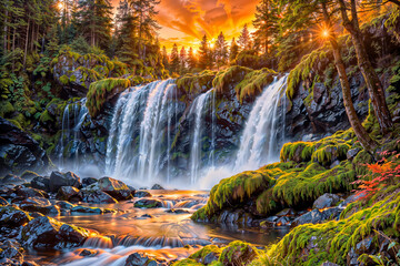 waterfall in the forest : AI Generative, not upscale	