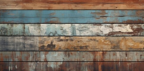 Fototapeta premium distressed textures of a wooden wall with peeling paint, featuring a row of wooden planks on the left, a row of wooden planks on the right, and a row of wooden planks