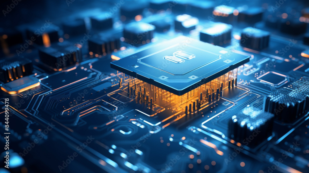 Poster a computer chip is shown in a blue and orange color scheme
