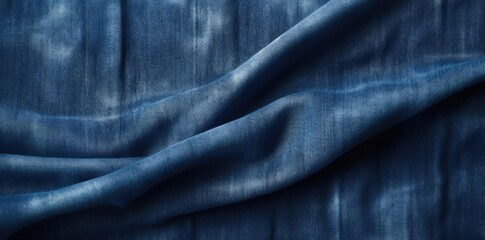 Naklejka premium demin textured fabric on a blue background, with a pair of scissors, a ruler, and a pair of glasses on a wooden table