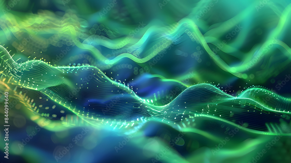 Poster sound wave pattern element with green and blue digital curves.