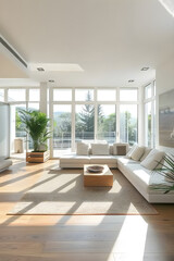 Modern Living Room with Open Floor Plan Featuring Minimalistic Design and Natural Light