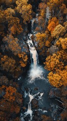 Aerial Drone View of Waterfall During Sunrise in Autumn