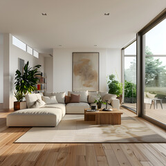 Modern Living Room with Open Floor Plan Featuring Minimalistic Design and Natural Light