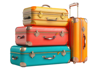 Three suitcases of different colors stacked on top of each other