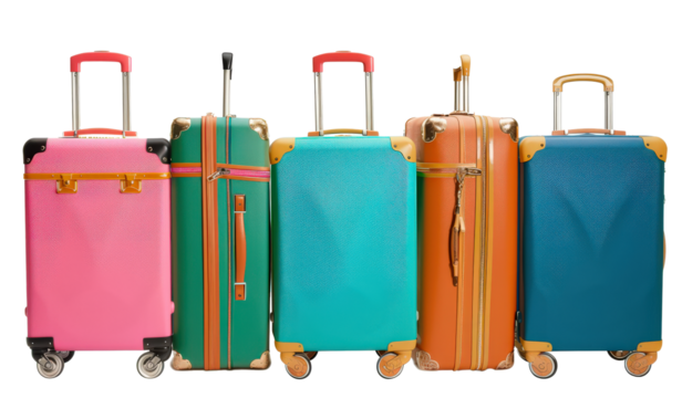A row of colorful suitcases with one being pink and the others being blue