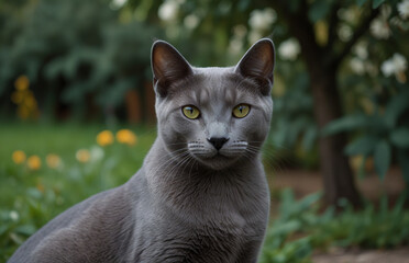 portrait of Russian Blue Cat in  garden