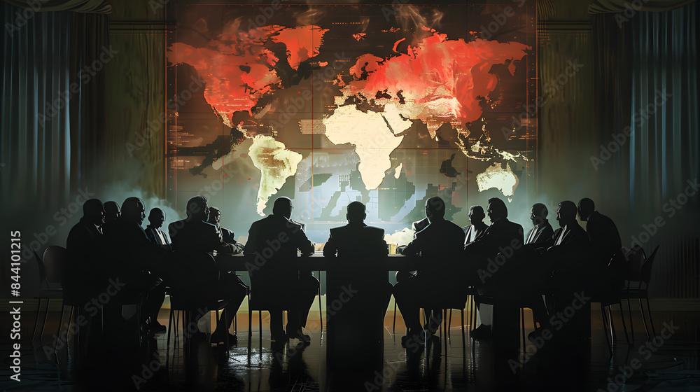 Poster a group of men sit around a table with a large map of the world hanging on the wall behind them. a s