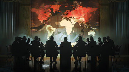 A group of men sit around a table with a large map of the world hanging on the wall behind them. A shadow government is plotting to conspire and seize power. The scene is tense and serious.