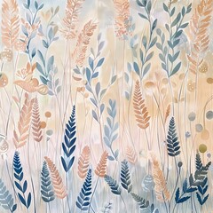 Patterns of field grasses and ears of corn and in soft pastel colors