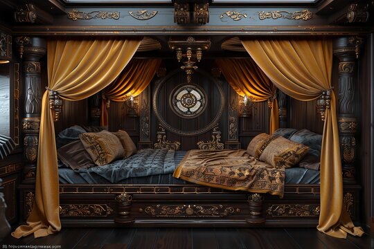 A richly decorated bedroom with an ornate canopy bed draped in golden fabric. The walls feature decorative moldings and a large circular artwork
